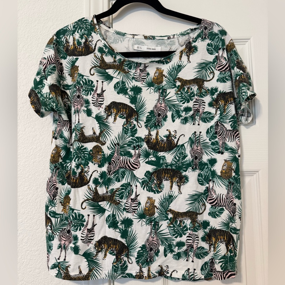 Jungle Print T-Shirt with Tigers and Zebras Medium